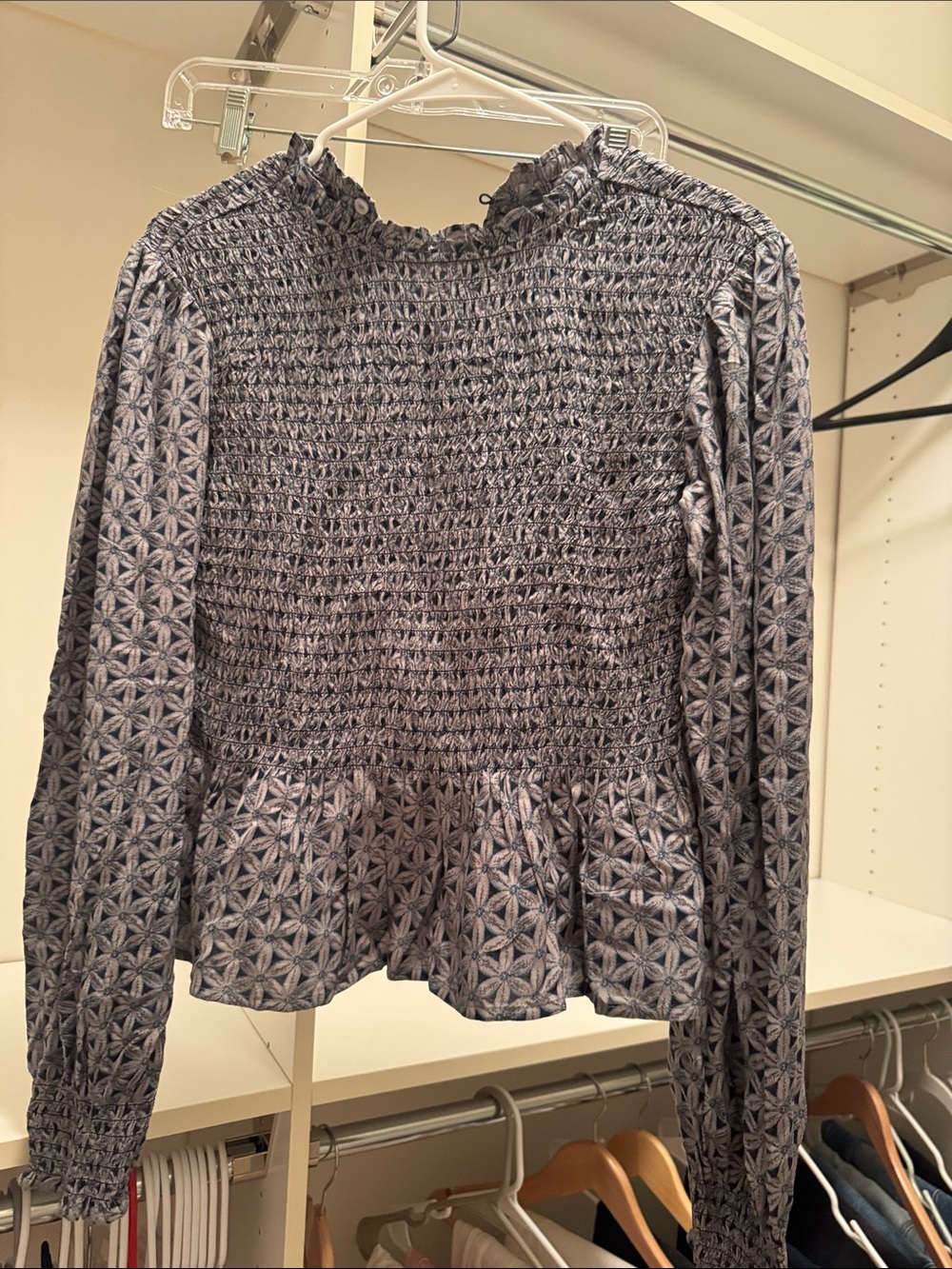Mango Navy and White Smocked Long Sleeve Peplum Top